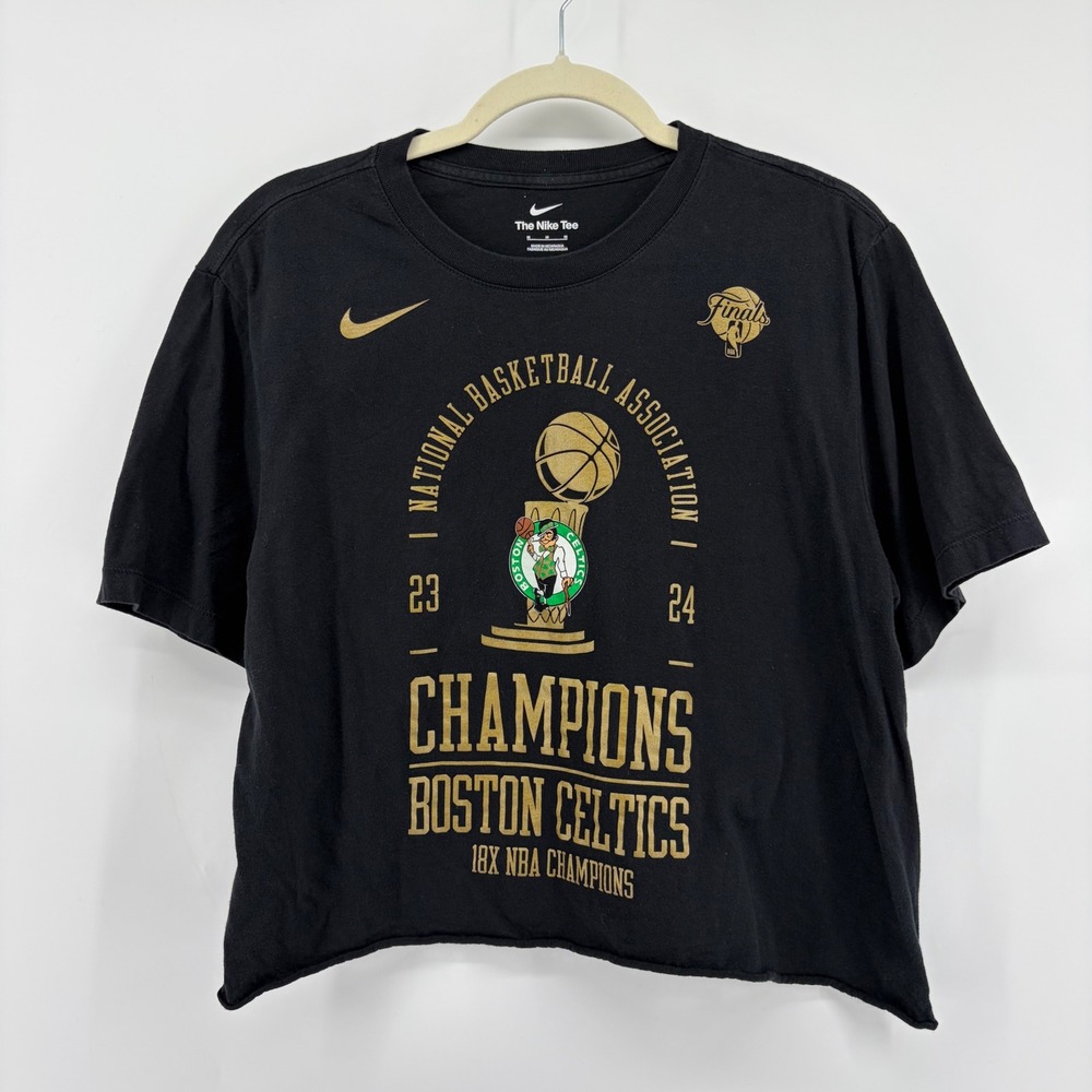 Nike Womens M Black T-Shirt Boston Celtics 2024 NBA Champions Cropped Graphic